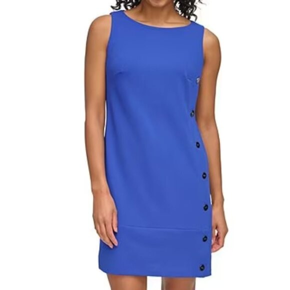 DKNY Sleeveless Round Neck Decorative Side Button Mini Dress - Blue - size 6 - Picture 10 of 10